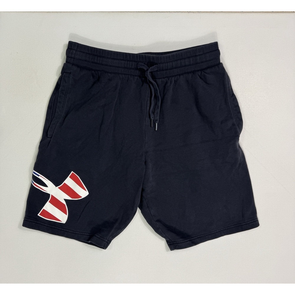 Under Armour Shorts Fleece Gym Active Men Medium Workout Black Freedom USA Logo